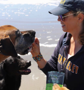Anne Carlson feeding two dogs, one large and one medium, insect protein dog treats
